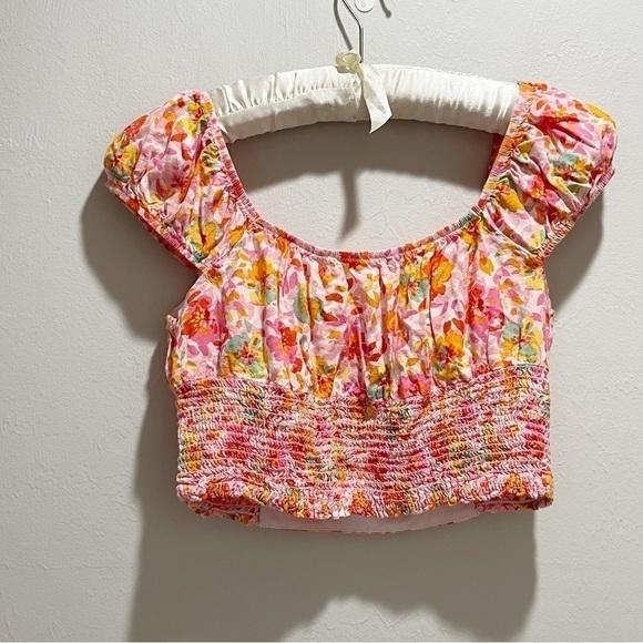 HEATHERLY Women’s Floral Cap Sleeve Crop Top Orange Pink Smocked Back Stretch MP - Picture 3 of 5